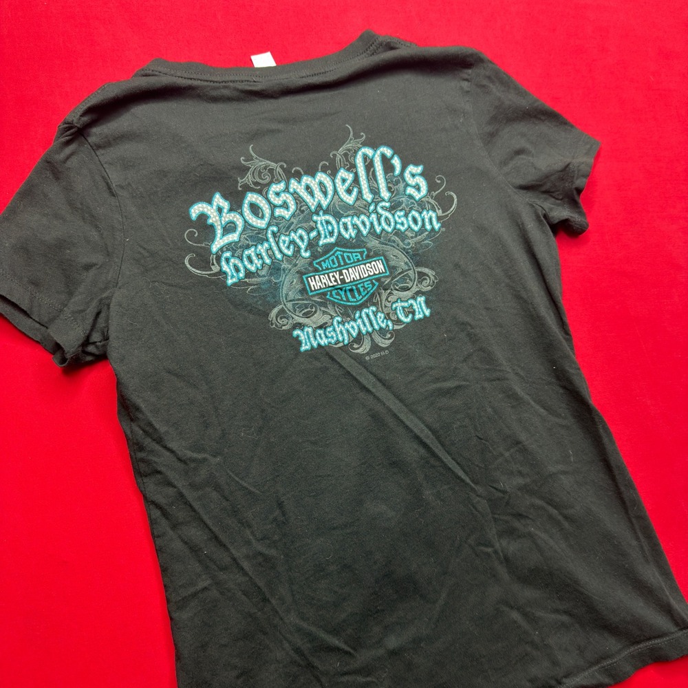 Harley Davidson Nashville TN Boswells V-Neck T-Shirt Mens M Black Teal Graphic